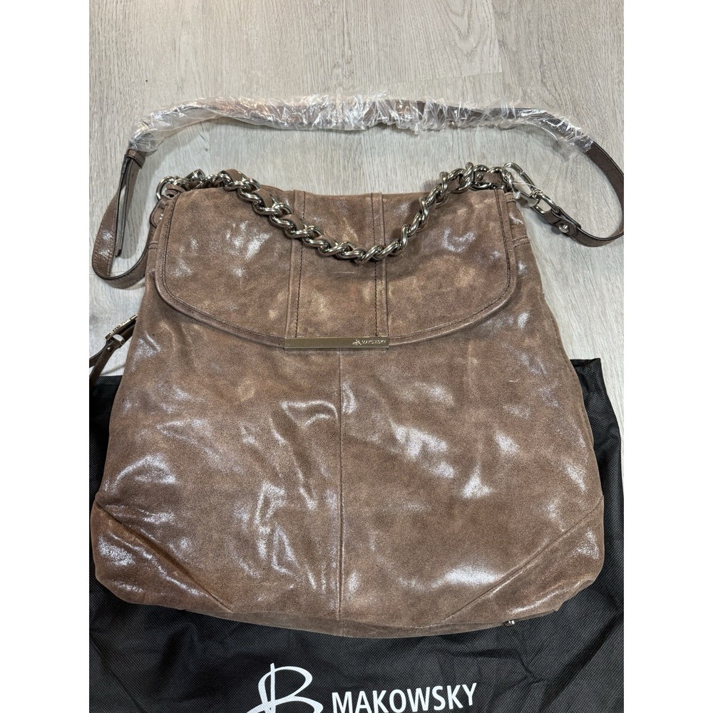 B Makowsky Leather Shoulder Bag Brown Distressed Large Hobo Leopard Lining - Picture 4 of 12